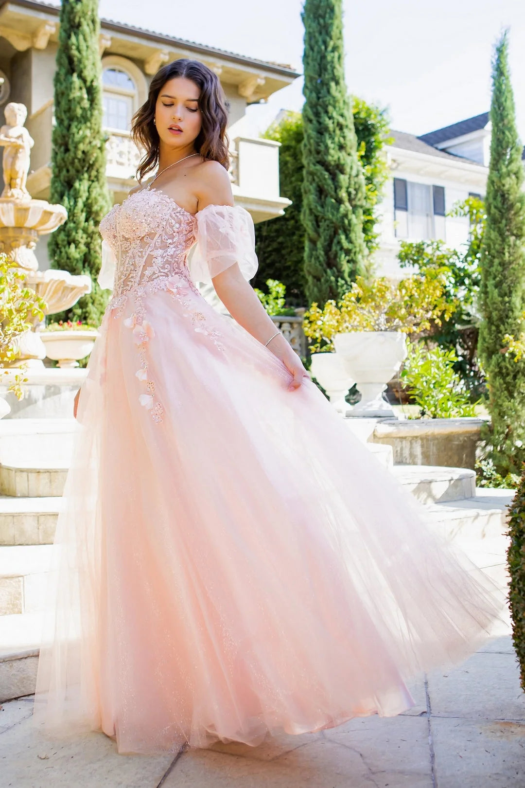 Romantic A-Line Sweetheart Off-Shoulder Floral Corset Pink Long Prom Dresses Women