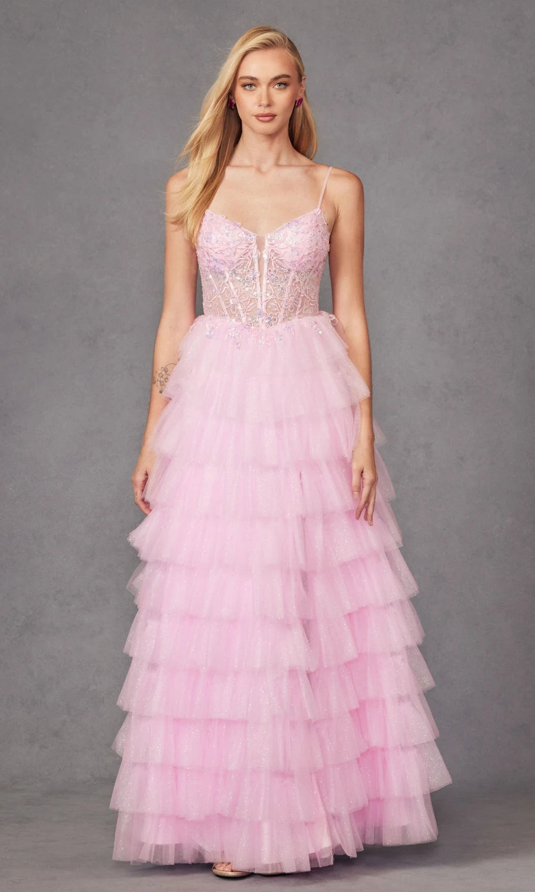 Romantic A-Line Sweetheart Sleeveless Corset Tiered Pink Long Prom Dresses Gown