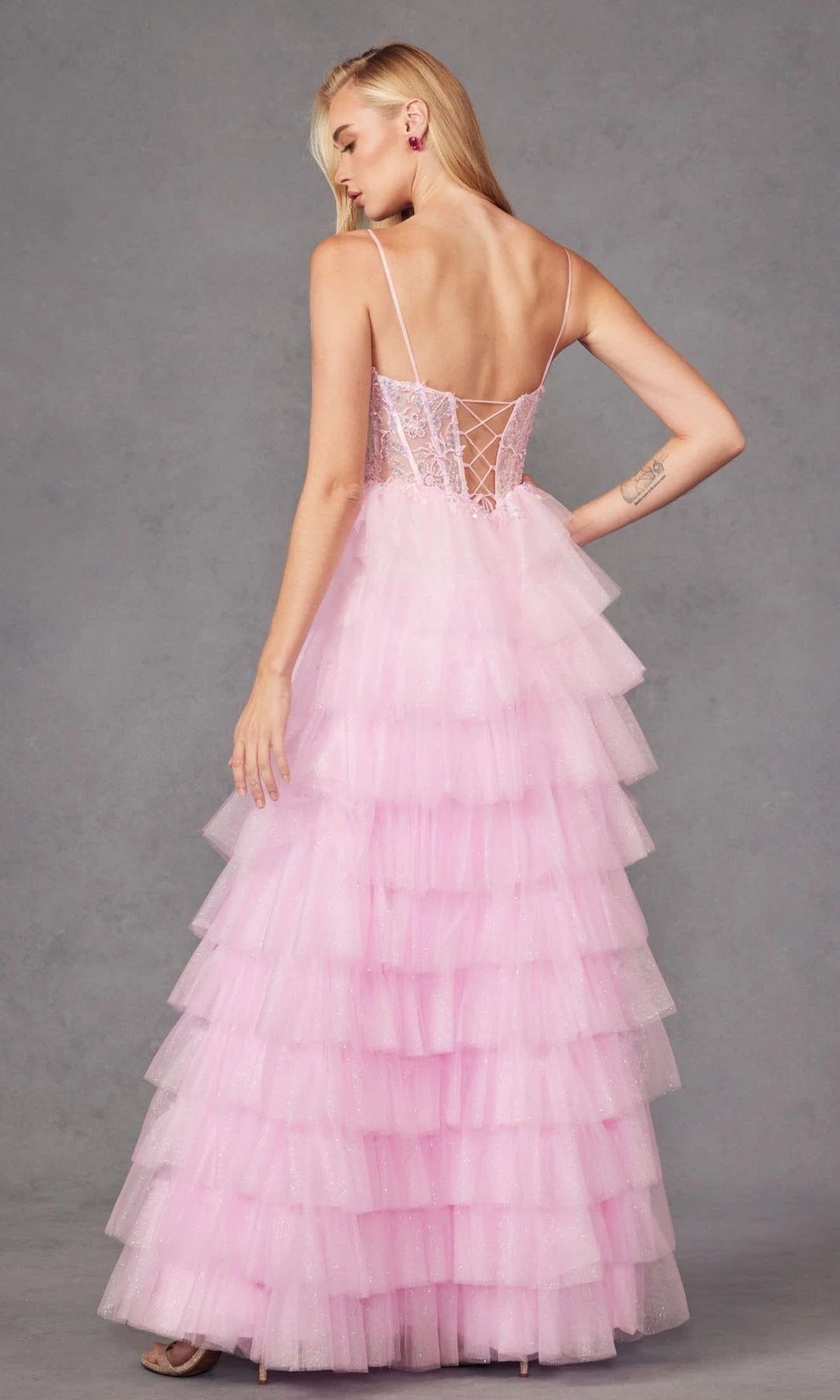 Romantic A-Line Sweetheart Sleeveless Corset Tiered Pink Long Prom Dresses Gown