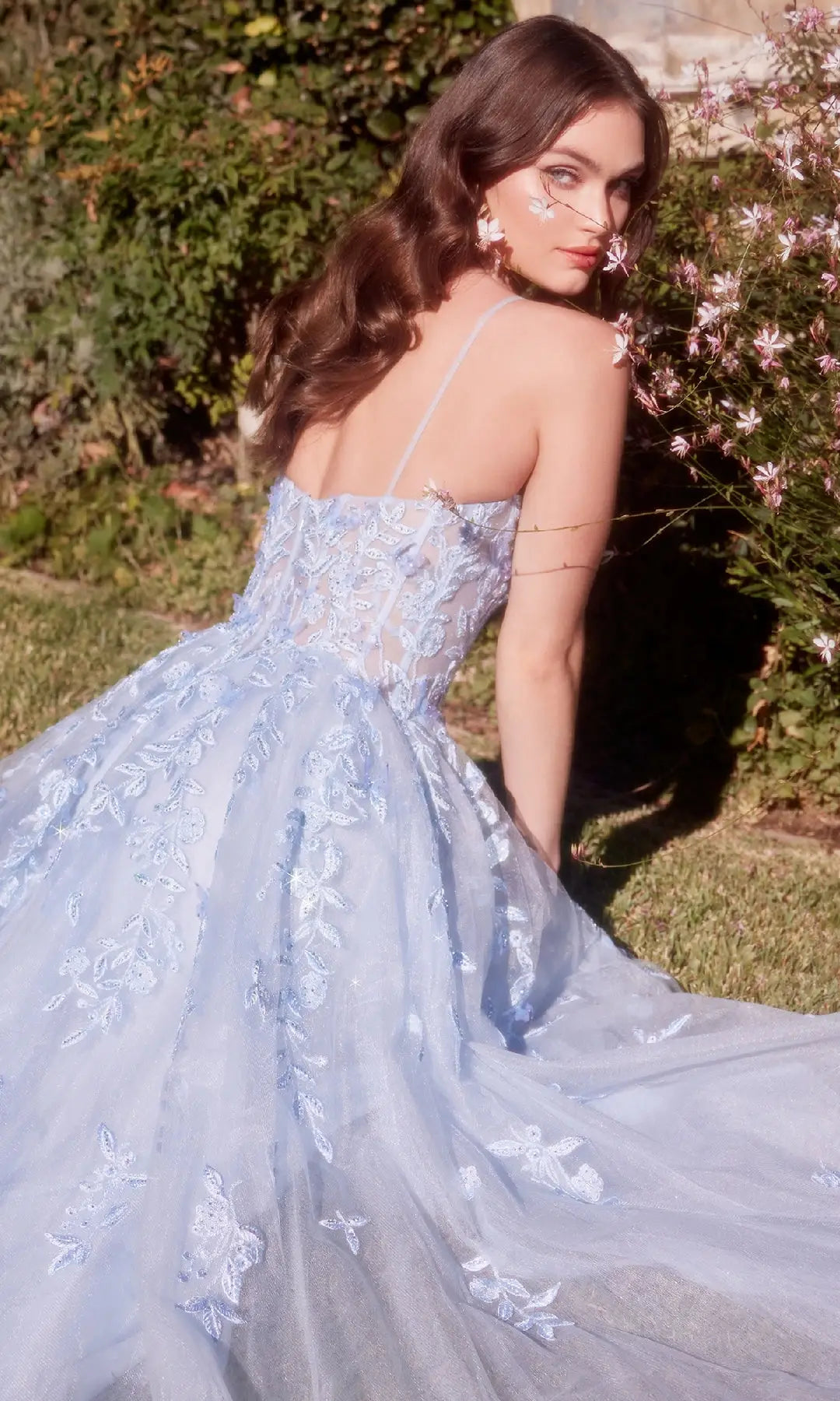 Romantic A-Line Sweetheart Sleeveless Floral Applique Blue Long Prom Dresses Women