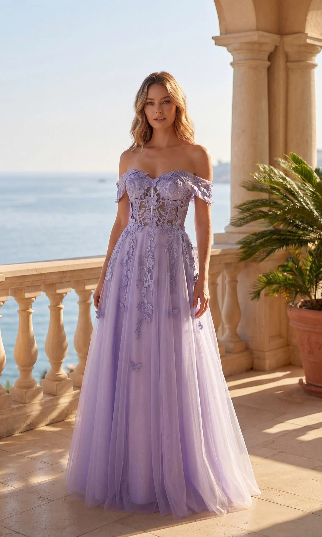 Romantic A-Line Sweetheart Sleeveless Floral Corset Lavender Long Prom Dresses Women Gown