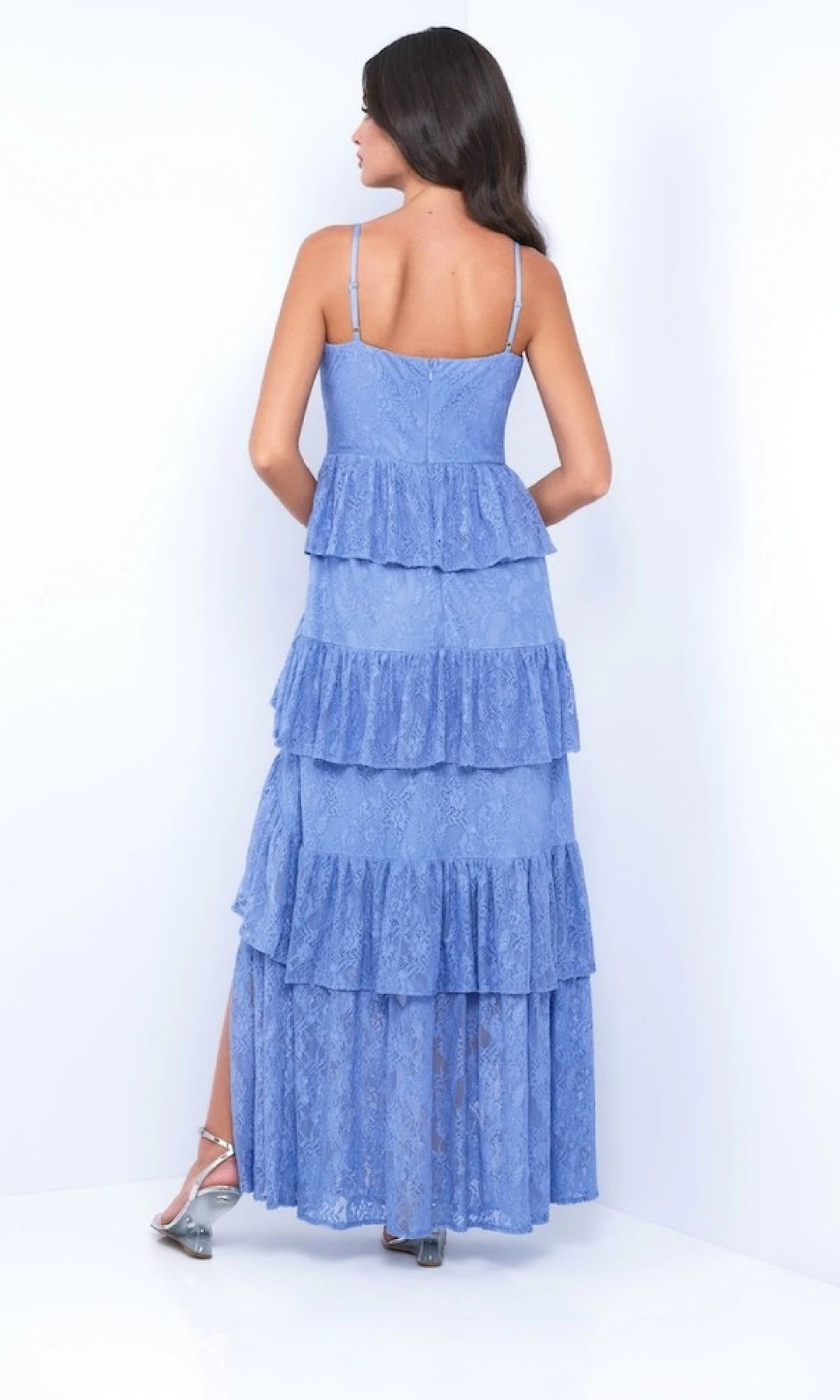 Romantic A-Line Sweetheart Sleeveless Tiered Slit Blue Long Prom Dresses Women
