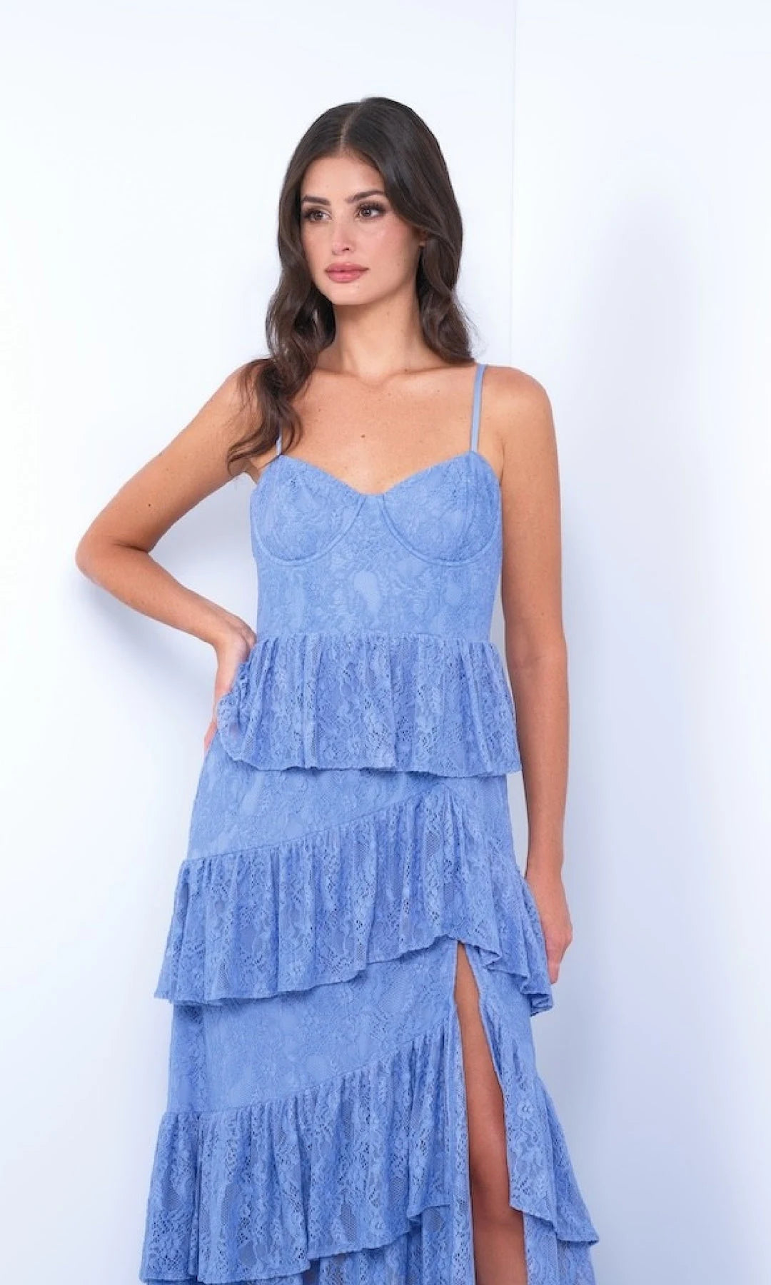 Romantic A-Line Sweetheart Sleeveless Tiered Slit Blue Long Prom Dresses Women