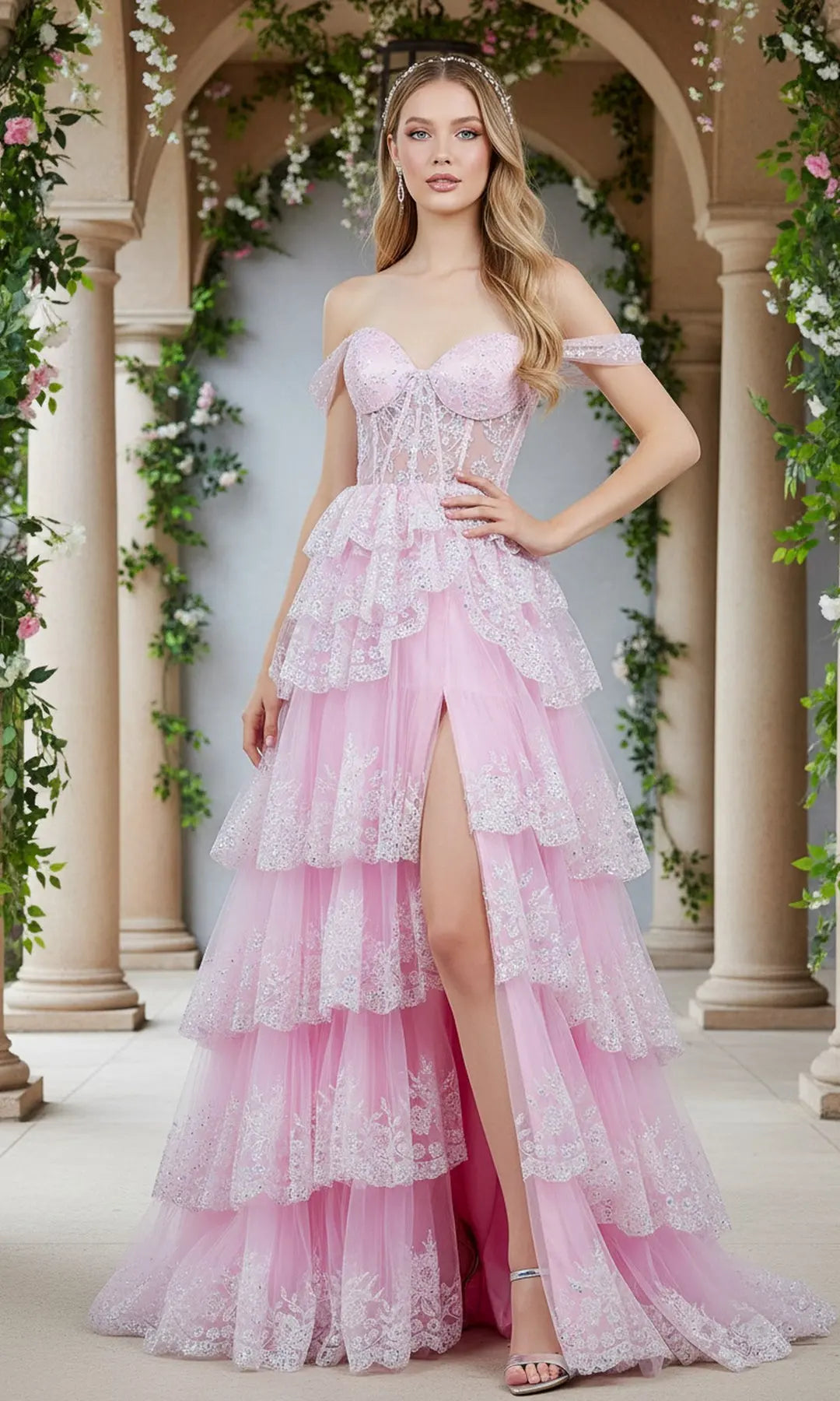 Romantic A-Line Sweetheart Sleeveless Tiered Slit Pink Floor-Length Prom Dresses Gown