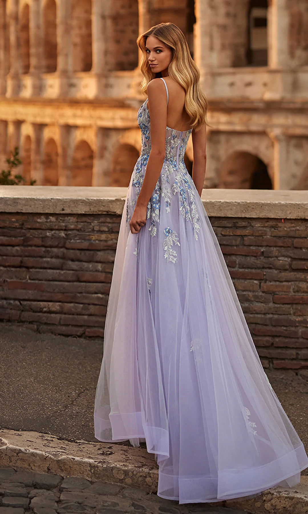Romantic A-Line V-Neck Sleeveless Floral Slit Lavender Long Prom Dresses Women Gown