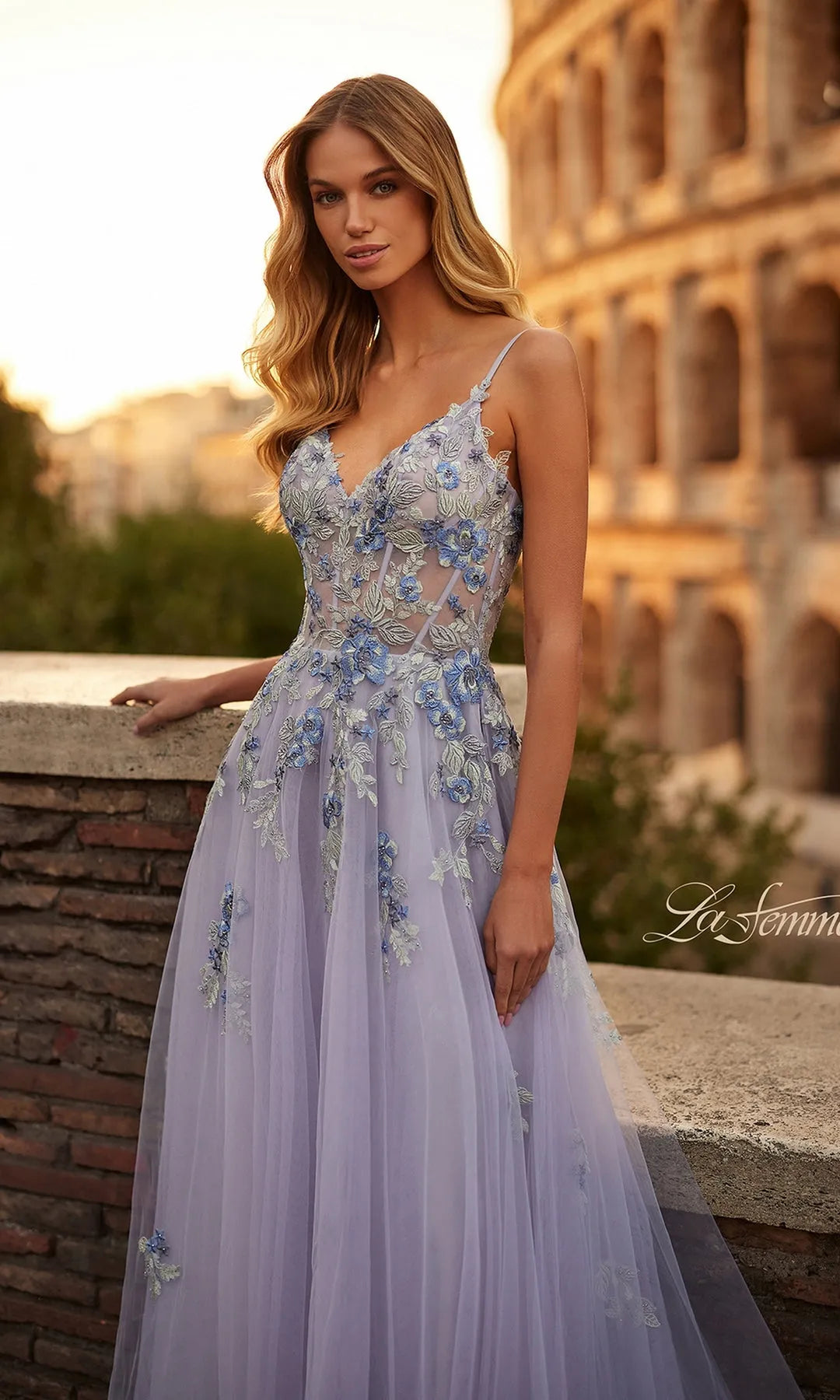 Romantic A-Line V-Neck Sleeveless Floral Slit Lavender Long Prom Dresses Women Gown