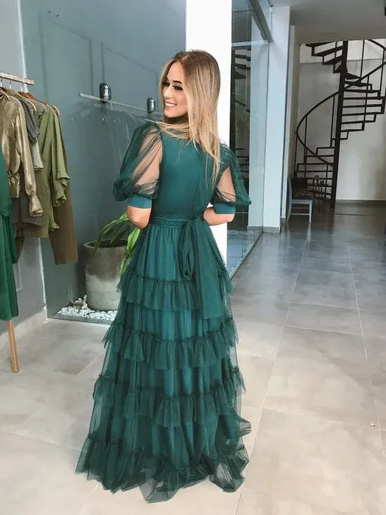 Romantic A‑Line V‑Neck Puffed‑Short‑Sleeve Tiered‑Tulle Floor‑Length Formal Dress