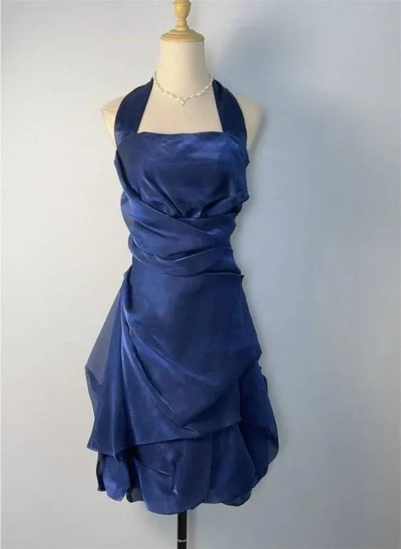 Royal Blue Halter Wrap Ruched Asym Ruffle Mini Homecoming Dress