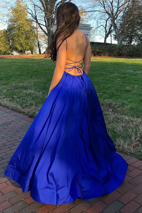 Wholesa A-line Spaghetti Straps Satin Long Prom Dresses With Slit