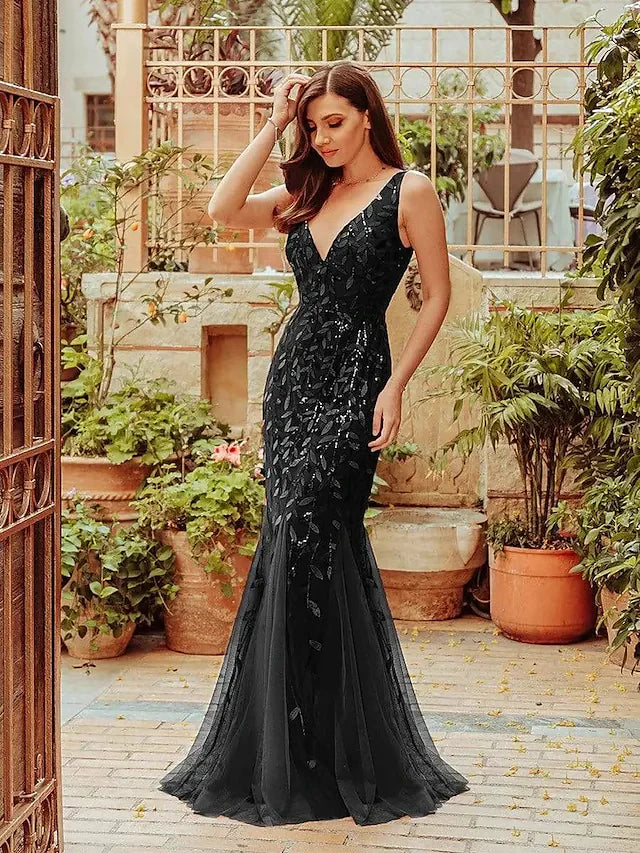 Wholesa Sparkle Sexy Prom Formal Evening Valentine's Day Dress V Neck Sleeveless Floor Length Tulle Sequined with Sequin Appliques