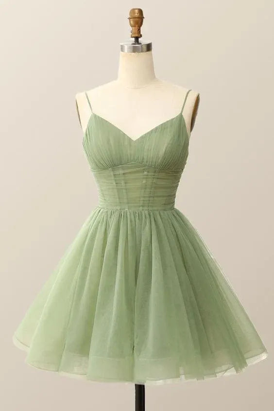 Sage Green Spaghetti Strap Ruched Bodice Flared Tulle Mini Homecoming Dress