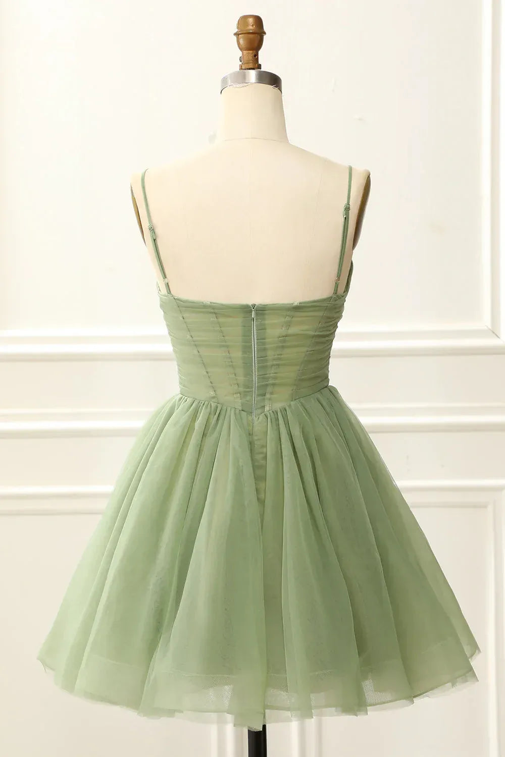 Sage Green Spaghetti Strap Ruched Bodice Flared Tulle Mini Homecoming Dress
