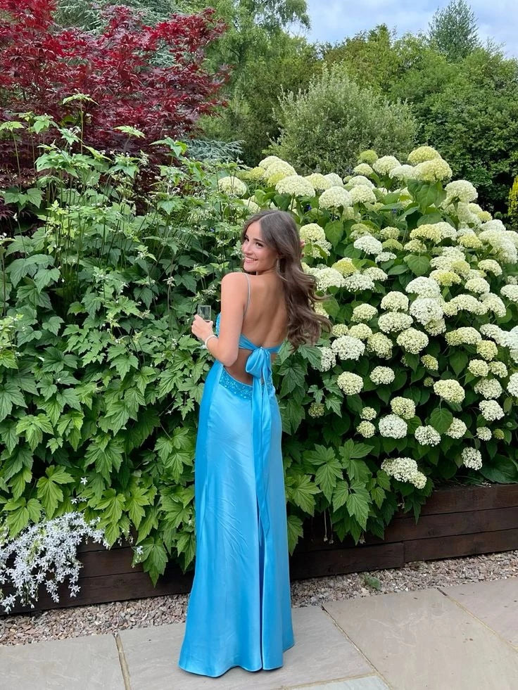 Satin Slim Plunge Neck Sleeveless Tie Back Floor Length Evening Dress