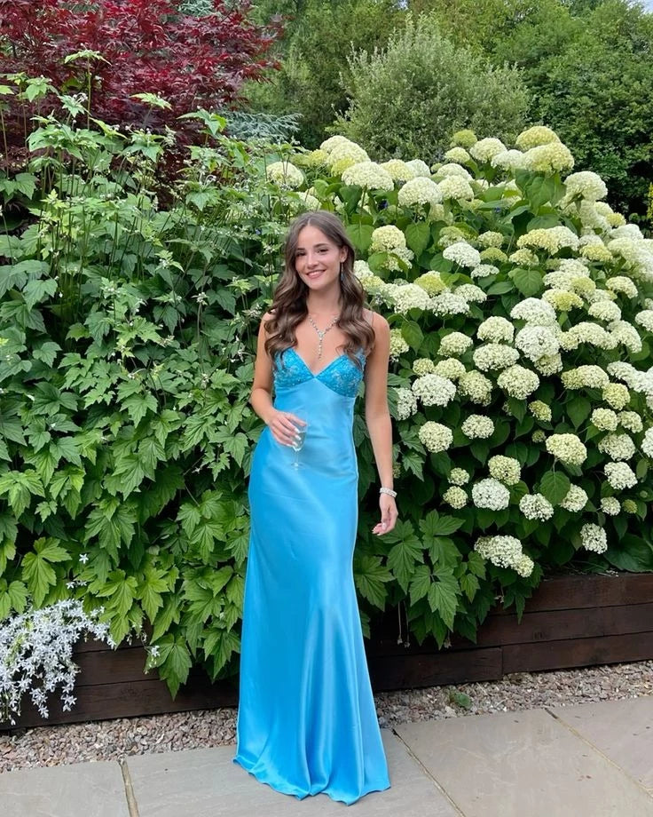 Satin Slim Plunge Neck Sleeveless Tie Back Floor Length Evening Dress