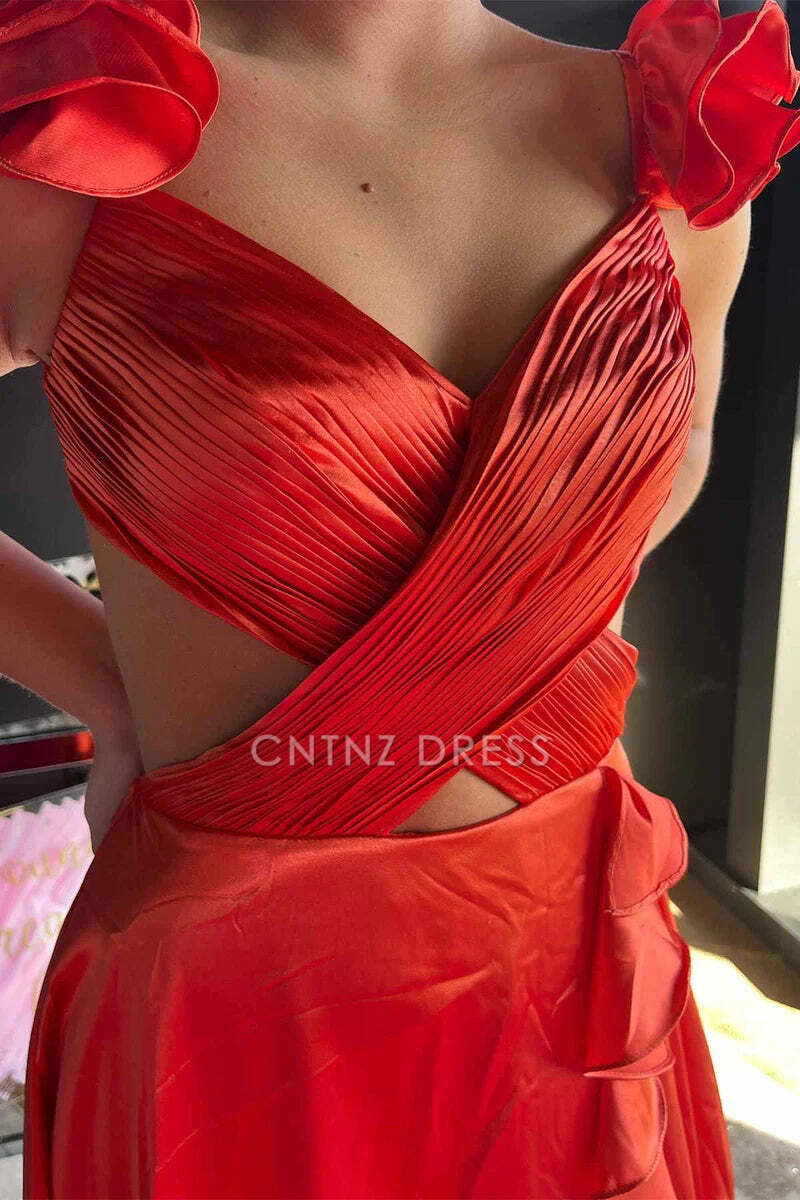 CNTNZ DRESS Sexy A-Line V-Neck Sleeveless Ruched Tiered Backless With Side Slit Charming Hot Sale Prom Dress