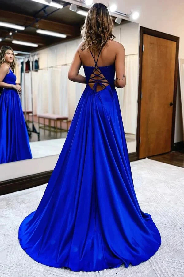 Wholesa A-line V-neck Spaghetti Straps Prom Dresses With Slit