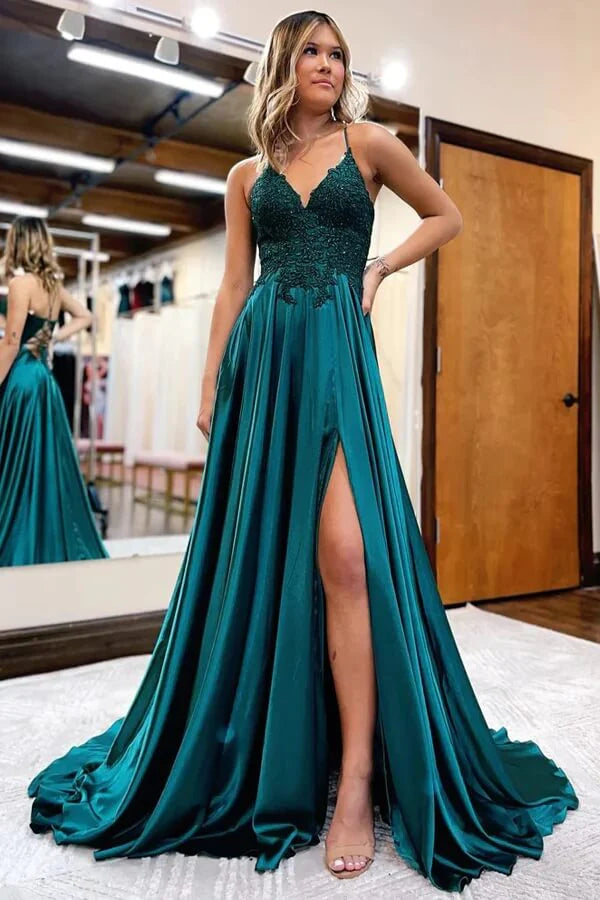 Wholesa A-line V-neck Spaghetti Straps Prom Dresses With Slit