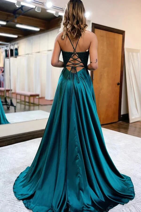 Wholesa A-line V-neck Spaghetti Straps Prom Dresses With Slit
