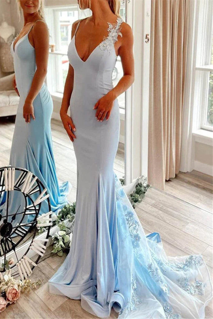 Wholesa  Mermaid Prom Dresses Spaghetti Straps With Applique Tulle
