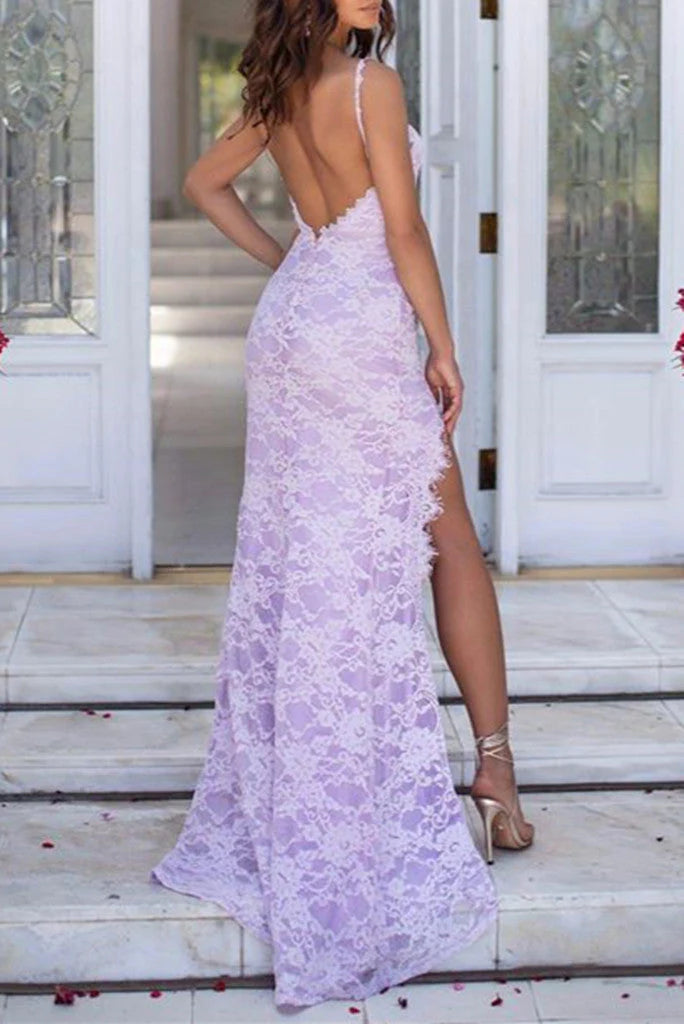 Wholesa Mermaid Lace Prom Dresses Sexy Open Back Spaghetti Straps Sweetheart