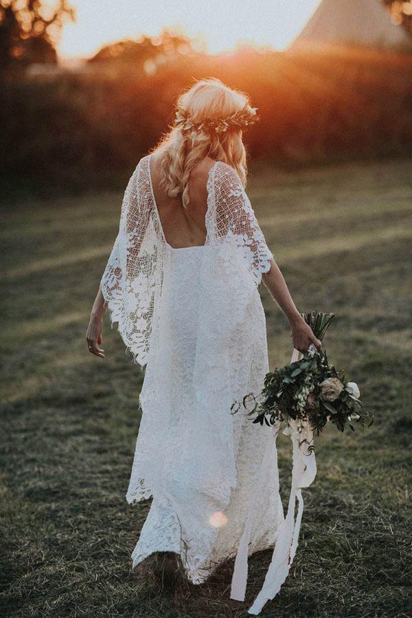 Wholesa Sheath Scoop Backless Lace Wedding Dress with Split Wraps