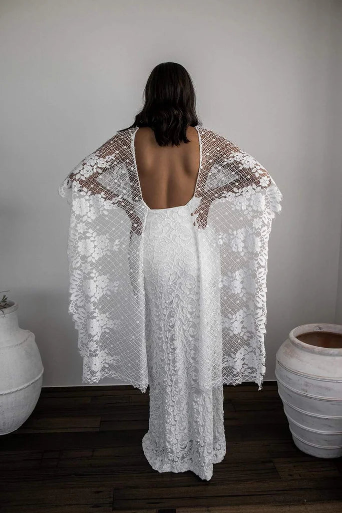 Wholesa Sheath Scoop Backless Lace Wedding Dress with Split Wraps