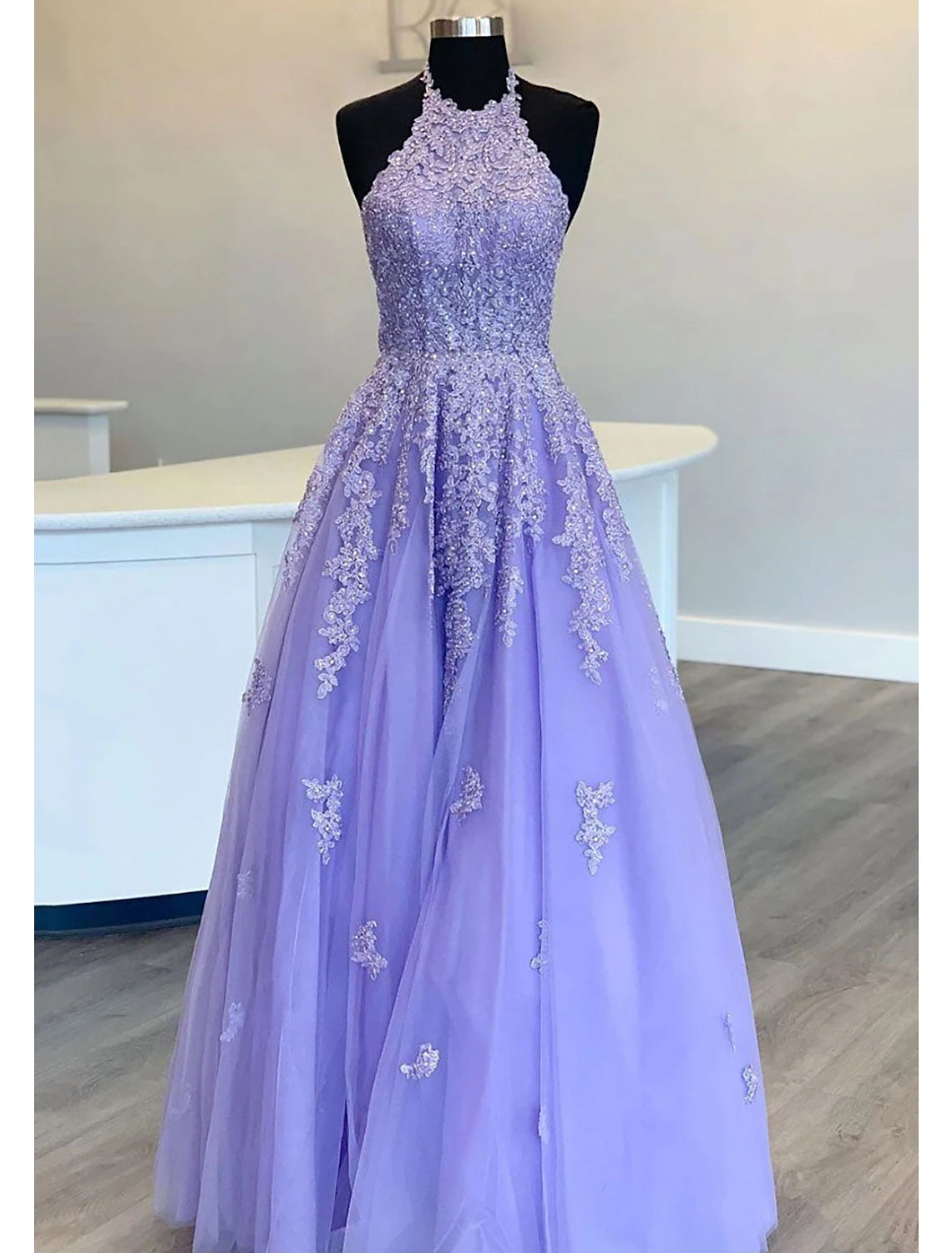 Shimmering A-Line High Neck Backless Beaded Tulle Floor Length Prom Dress.