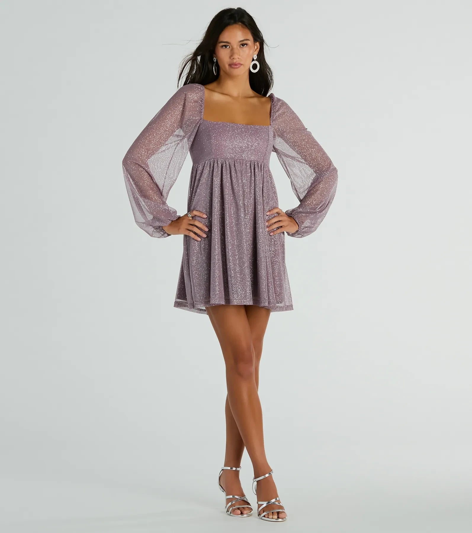 Shimmering A-Line Square Neck Sheer Long Sleeve Mini Babydoll Homecoming Dresses