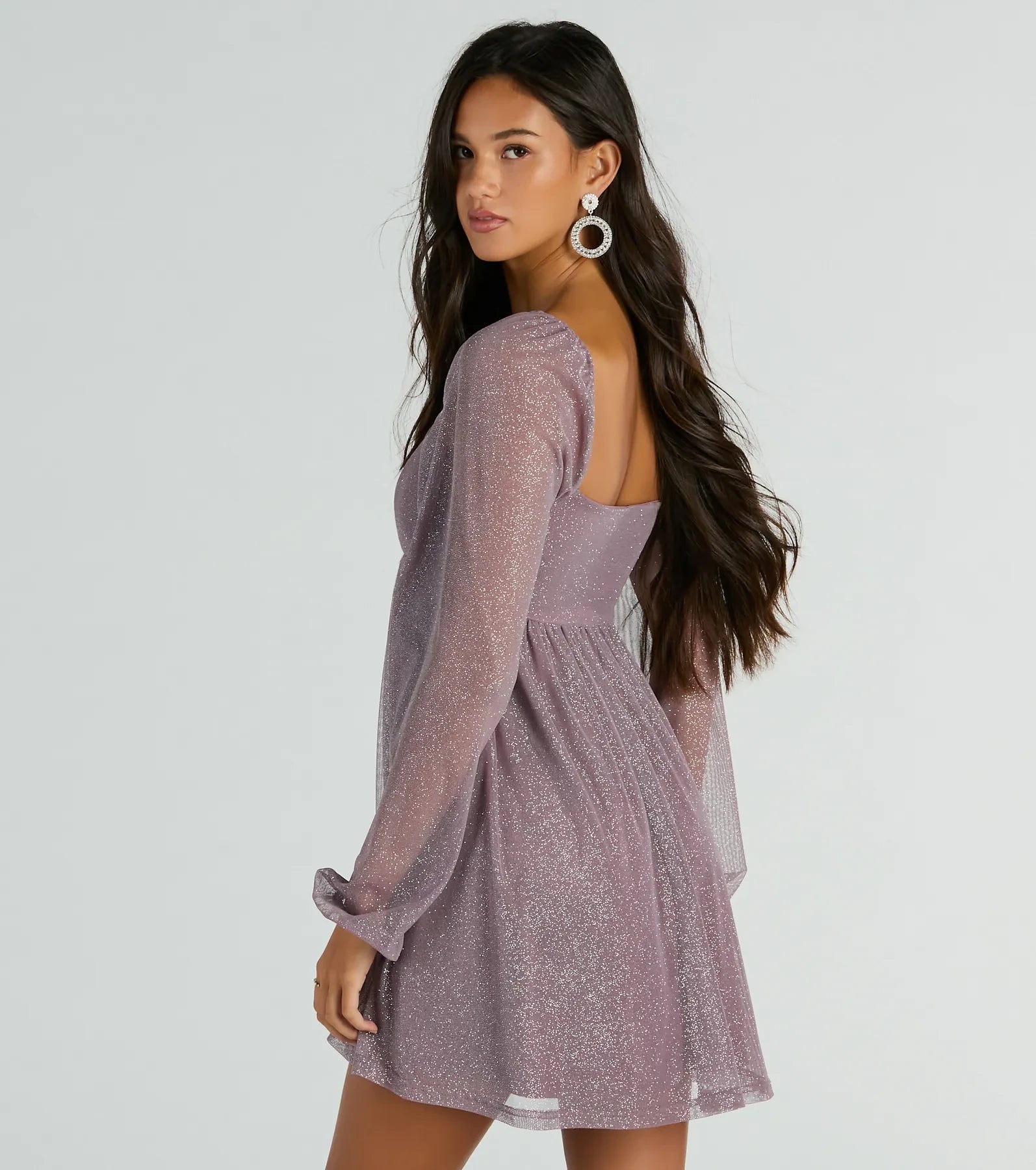 Shimmering A-Line Square Neck Sheer Long Sleeve Mini Babydoll Homecoming Dresses