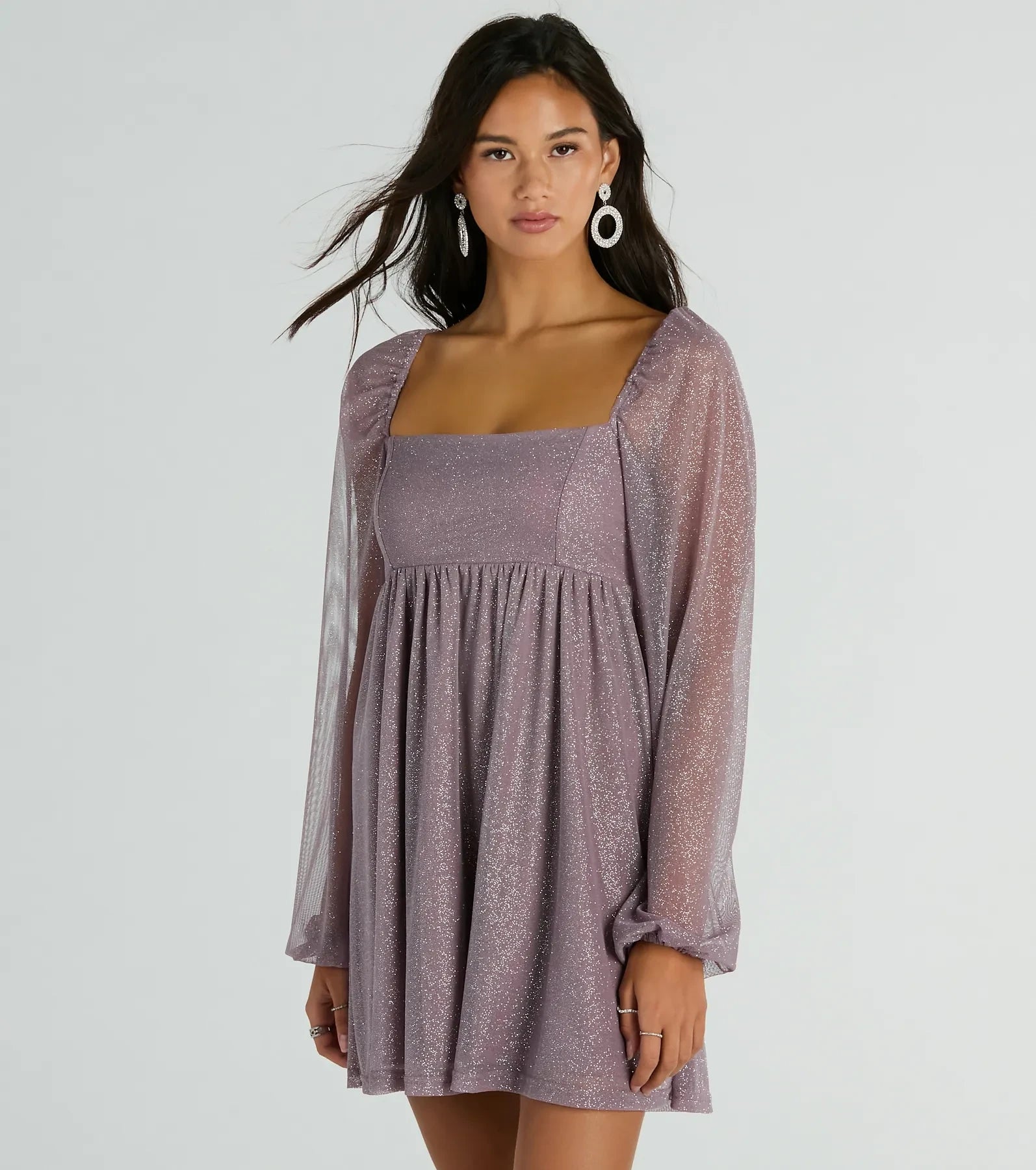 Shimmering A-Line Square Neck Sheer Long Sleeve Mini Babydoll Homecoming Dresses