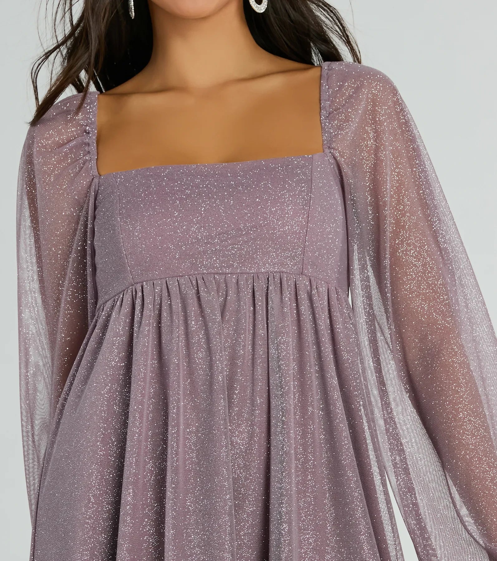 Shimmering A-Line Square Neck Sheer Long Sleeve Mini Babydoll Homecoming Dresses