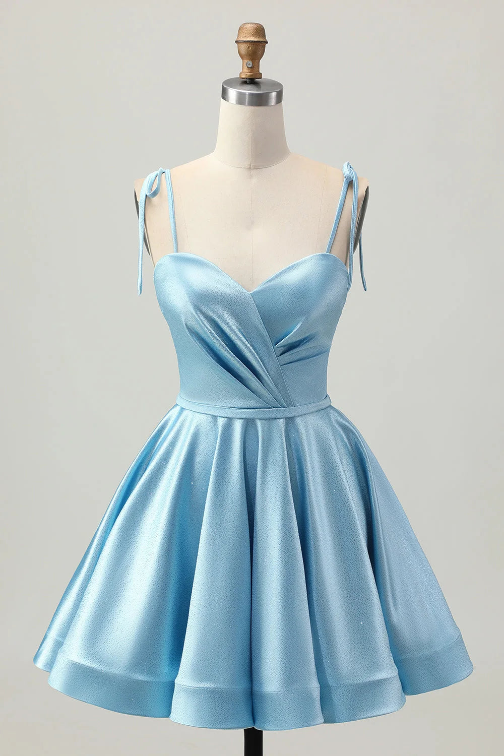Shimmering A-Line Sweetheart Tie-Shoulder Ruched Light Blue Mini Homecoming Dress Women Party