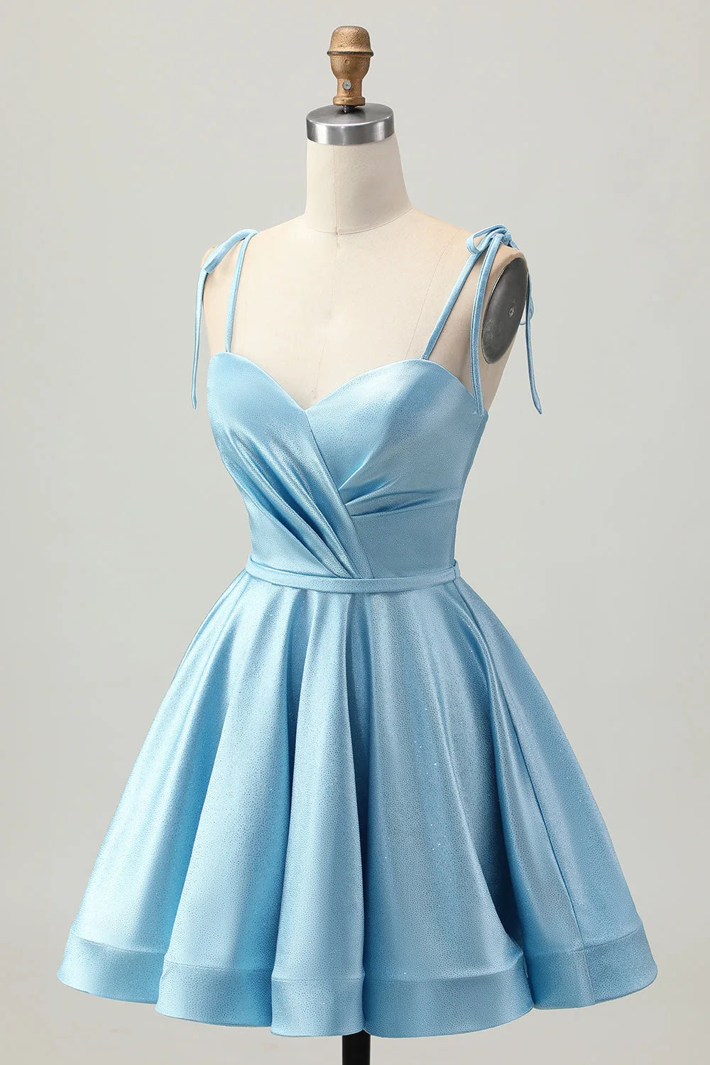Shimmering A-Line Sweetheart Tie-Shoulder Ruched Light Blue Mini Homecoming Dress Women Party