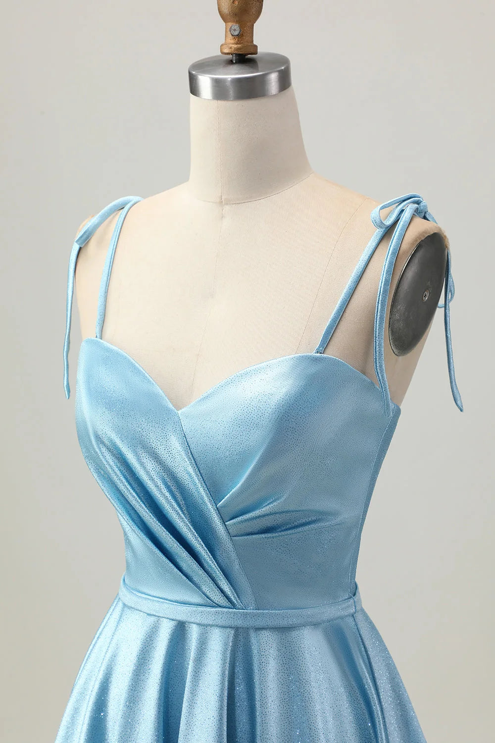 Shimmering A-Line Sweetheart Tie-Shoulder Ruched Light Blue Mini Homecoming Dress Women Party