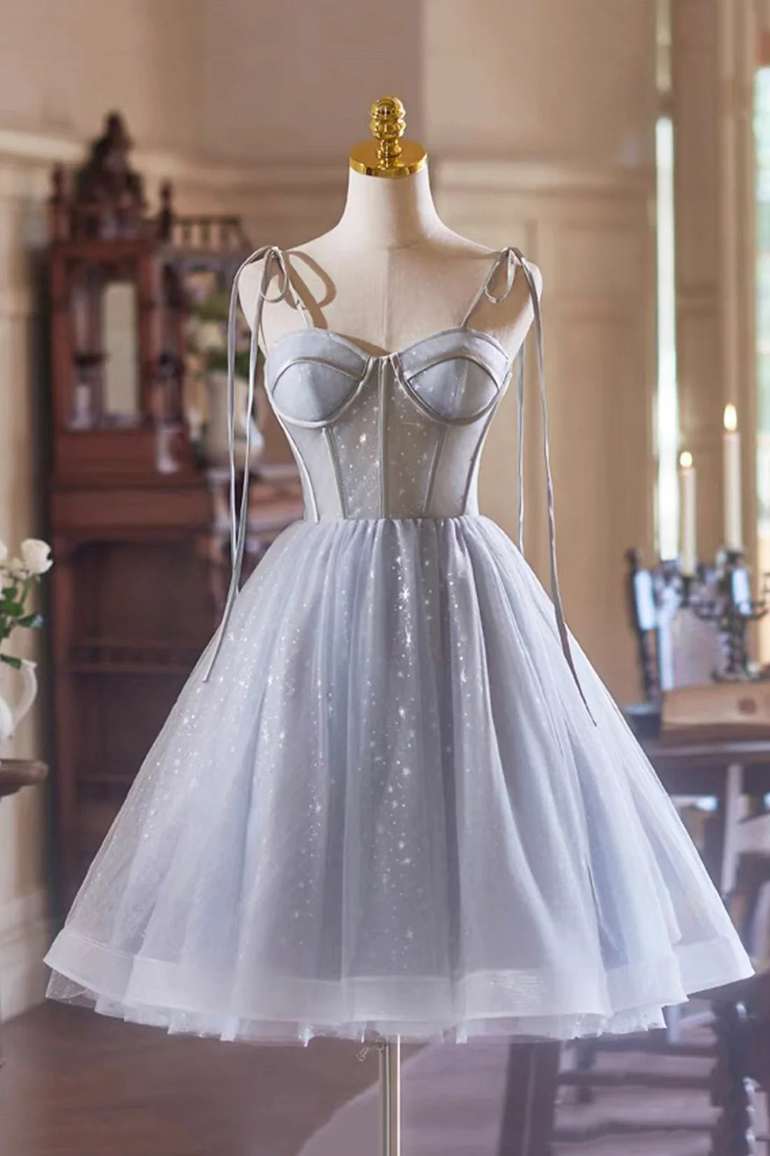 Shimmering A-Line Sweetheart Tie-Shoulder Sleeveless Lace-Up Back Short Mini Homecoming Dresses