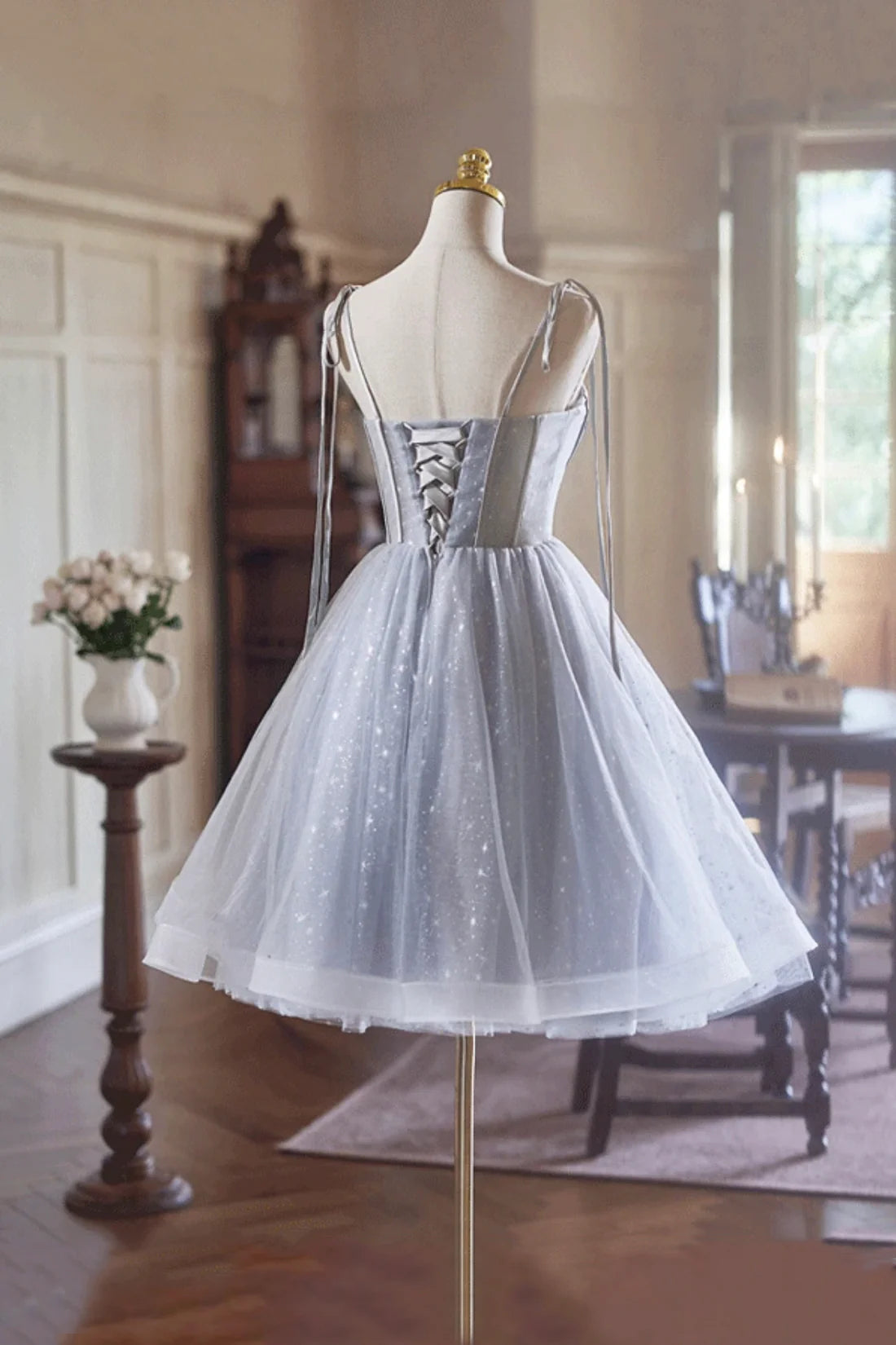 Shimmering A-Line Sweetheart Tie-Shoulder Sleeveless Lace-Up Back Short Mini Homecoming Dresses