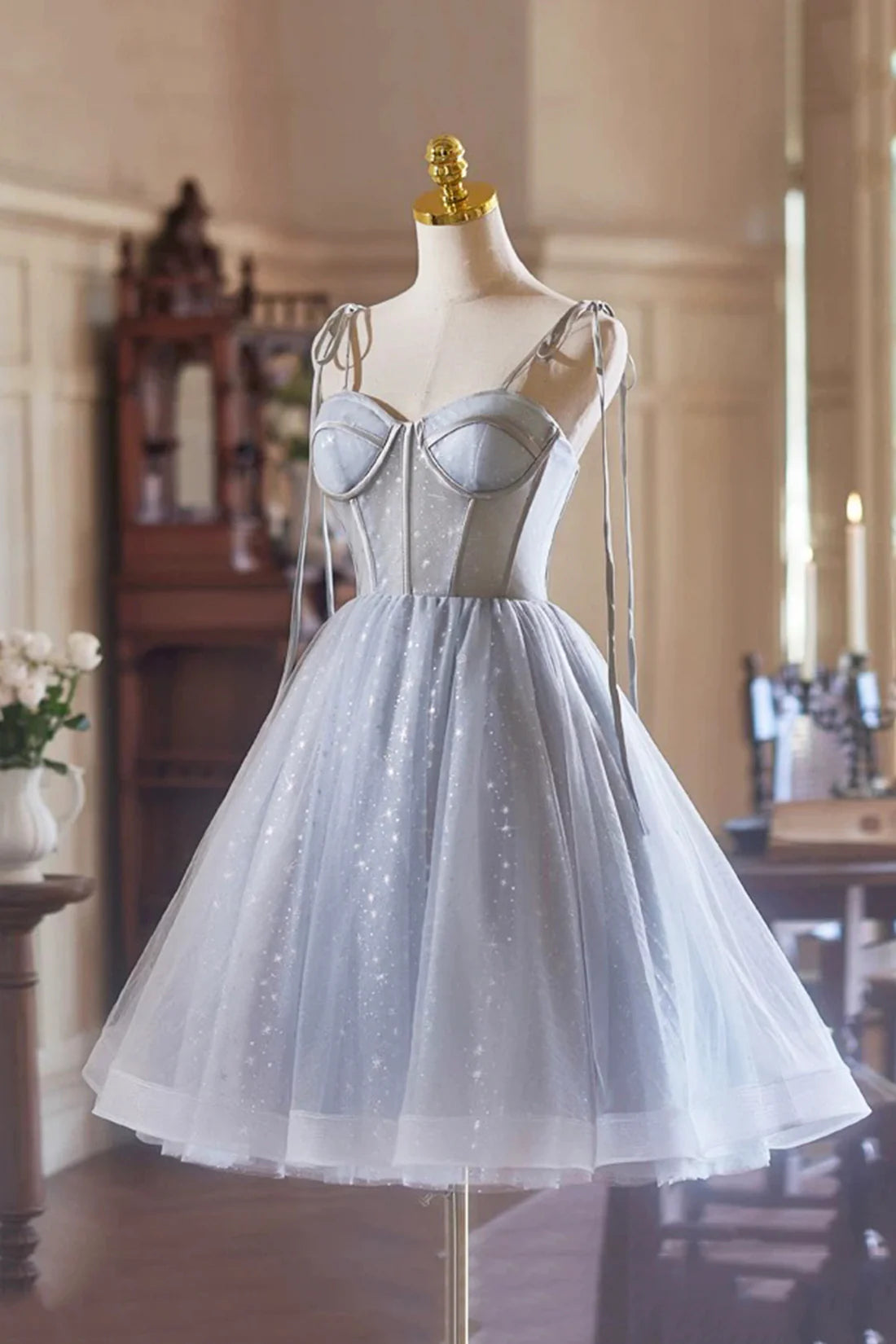 Shimmering A-Line Sweetheart Tie-Shoulder Sleeveless Lace-Up Back Short Mini Homecoming Dresses