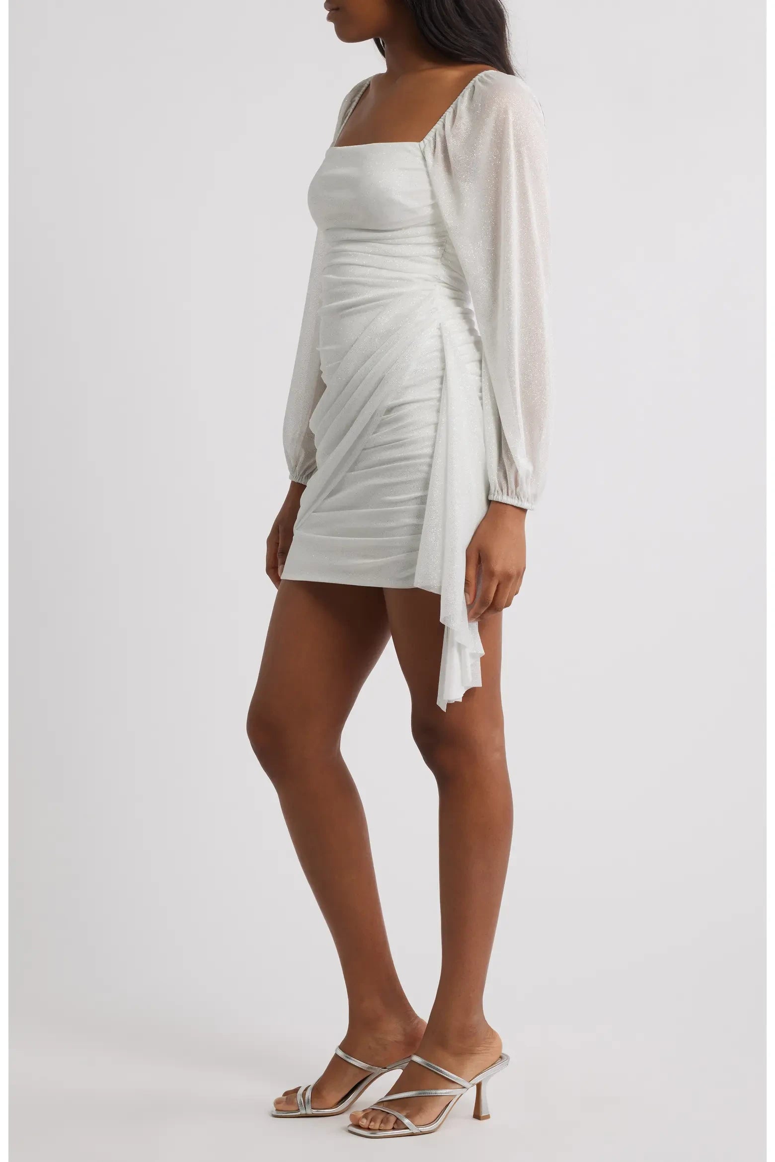 Shimmering Ruched Bodycon Square Neck Sheer Long Sleeve Square Back Mini Homecoming Dress