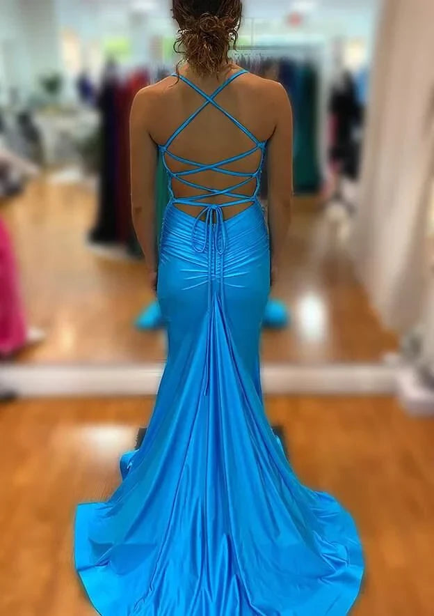 Shiny Mermaid V Neck Sleeveless Lace Up Back Train Length Evening Dress