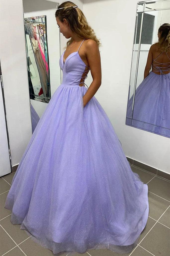 Wholesa A Line V Neck Tulle Shiny Lavender Prom Formal Dress With Pocket