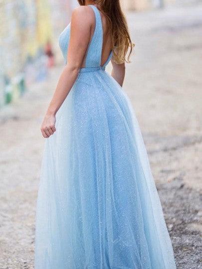 Wholesa A-line V Neck Shiny Light Blue Long Tulle Prom Dress For Teens