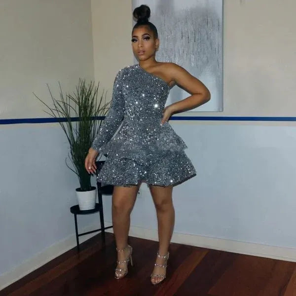 Silver One Shoulder Long Sleeve Sequin Ruffle Mini Homecoming Dress