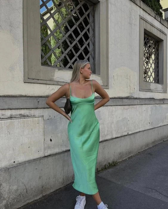 Simple Sheath Square-Neck Spaghetti-Strap Sleeveless Midi-Length Evening Dress