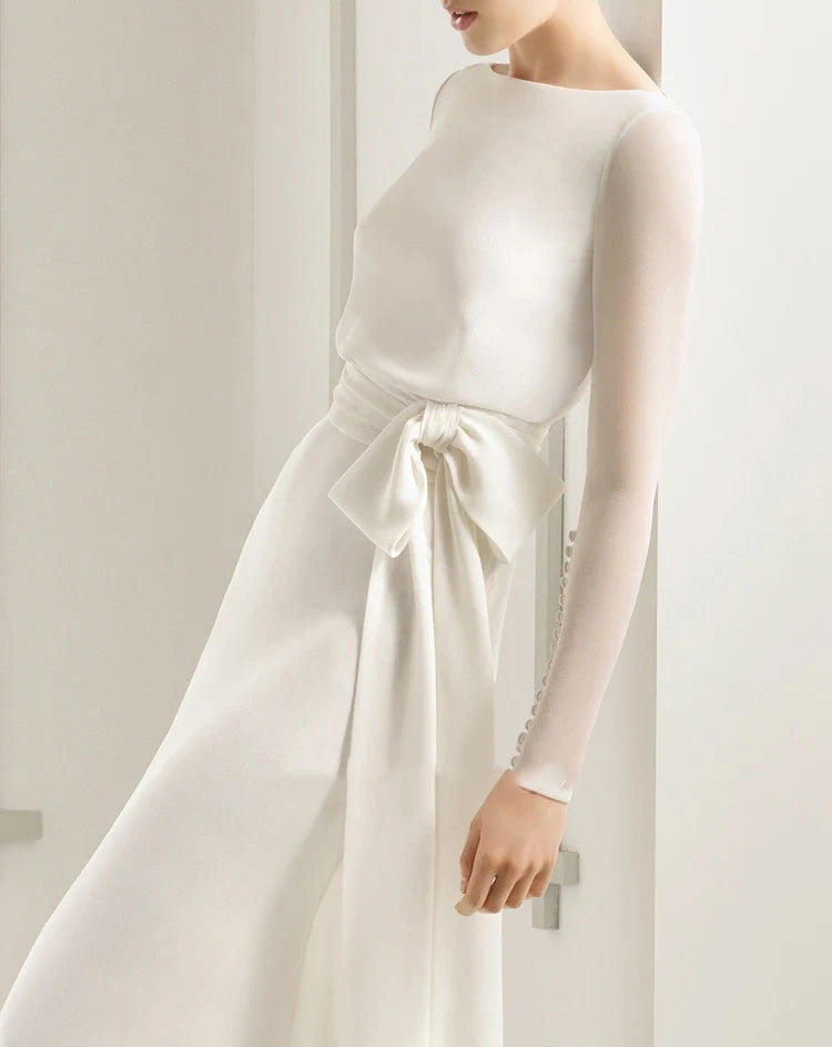 Wholesa Simple Chiffon Long Sleeve Wedding Dress With Decoratived Buttons and Bow