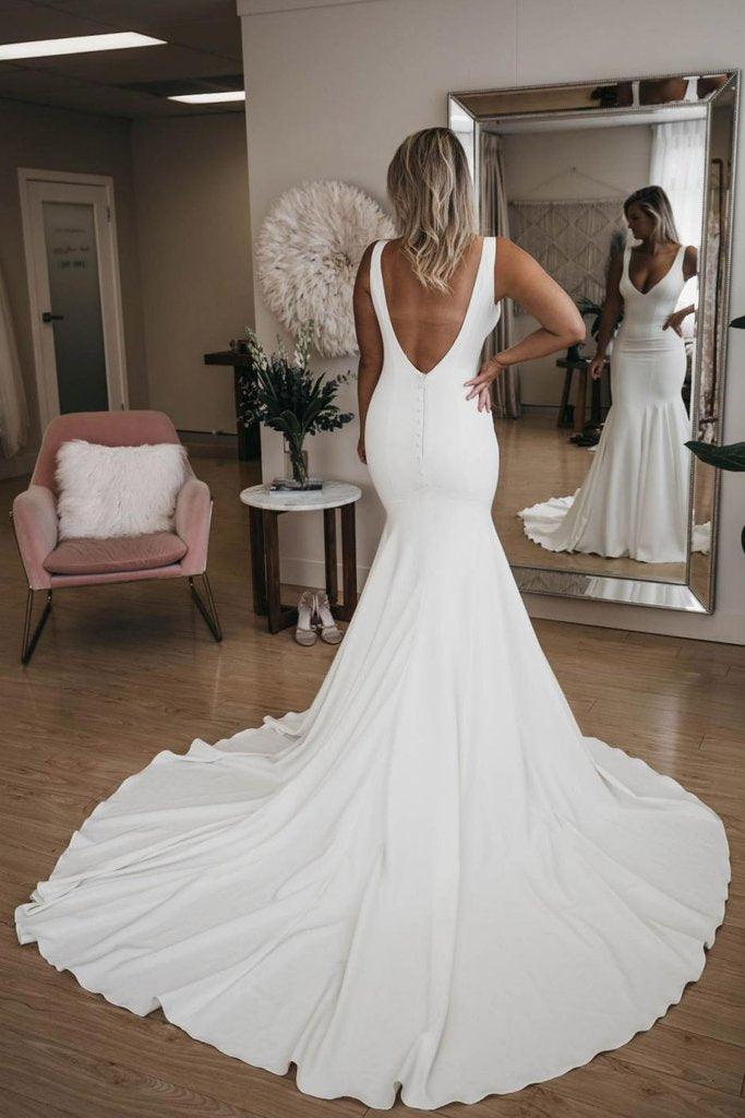 Wholesa Beach Mermaid Simple V Neck Wedding Dress With Long Train