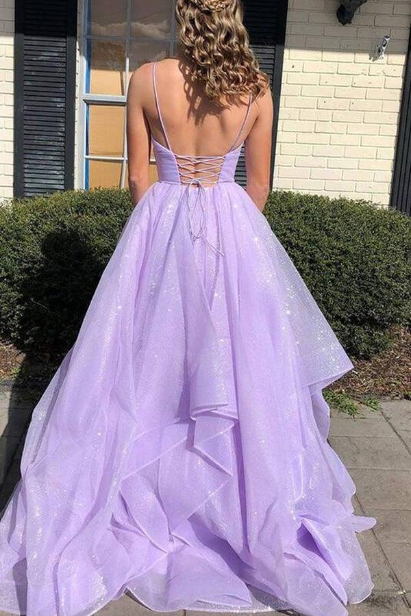 Wholesa A-line Simple V Neck Tulle Long Prom Dress Lilac Formal Dress