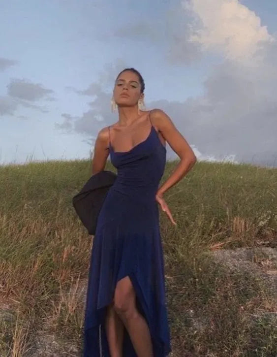 Sleek Mermaid Cowl Neck Spaghetti Strap Plain Back Midi Length Formal Evening Dress