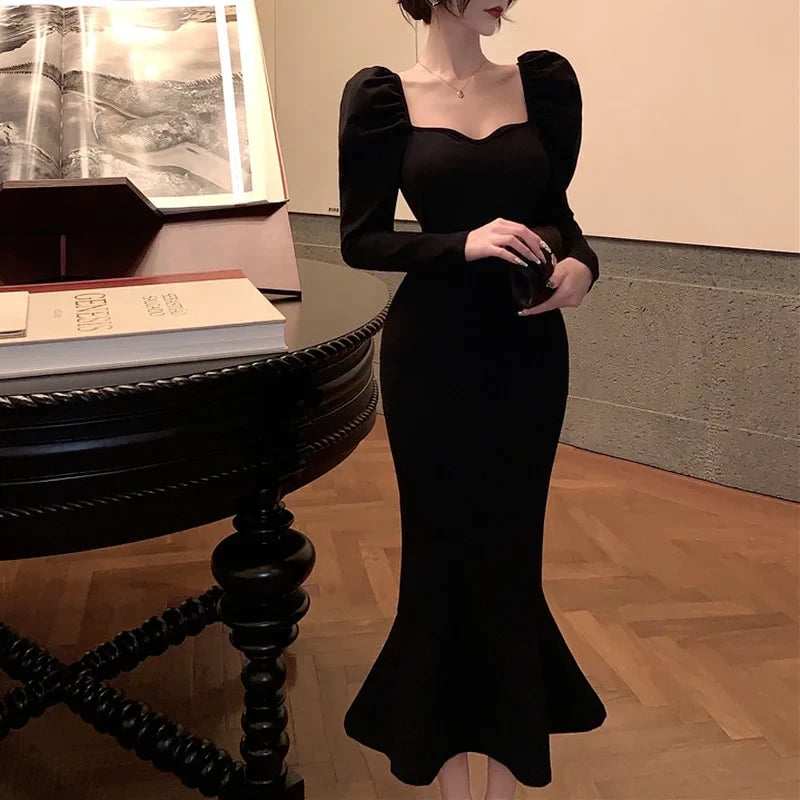 Sleek Mermaid Sweetheart Neck Puffed-Sleeve Open Back Midi Evening Dress