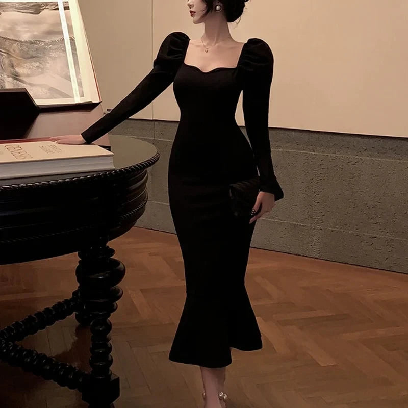 Sleek Mermaid Sweetheart Neck Puffed-Sleeve Open Back Midi Evening Dress