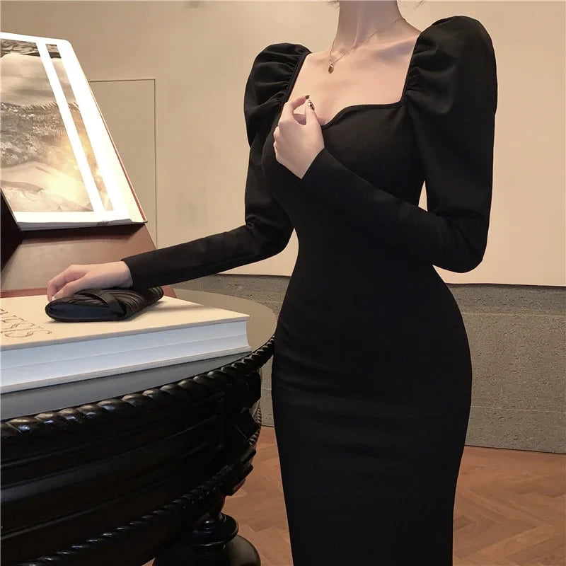 Sleek Mermaid Sweetheart Neck Puffed-Sleeve Open Back Midi Evening Dress